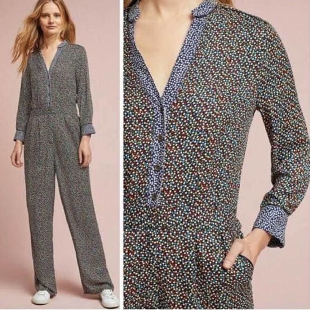 Anthropologie ett twa Christine Silken Print button Jumpsuit Straight Leg Size 8